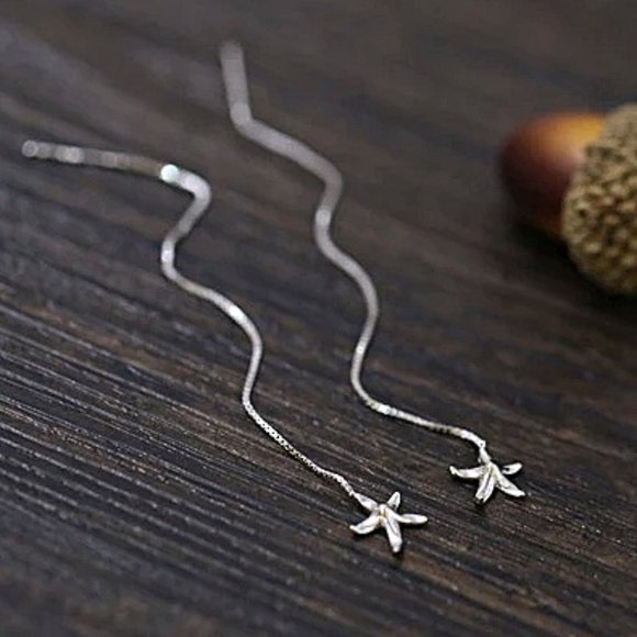 Sterling Silver Starfish Dangle Drop Threader Earrings - Picture 2 of 6